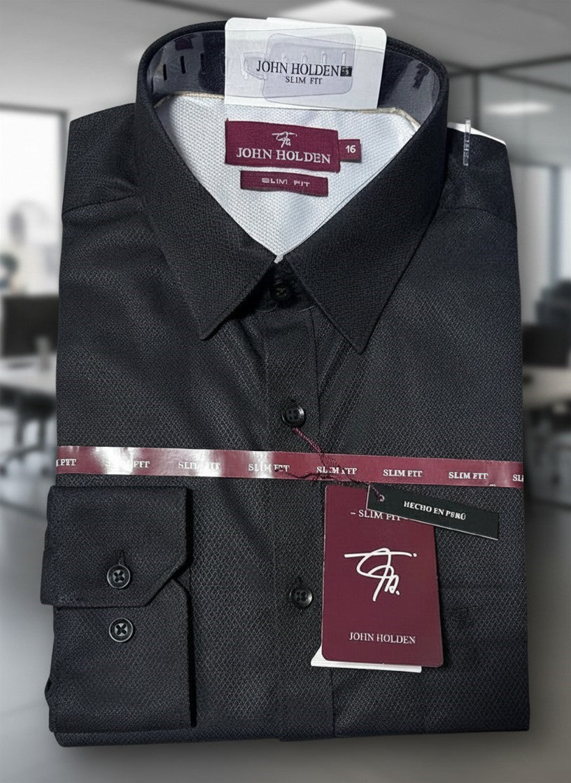 CAMISA JOHN HOLDEN LABRADA NEGRA SLIM FIT TALLA 16